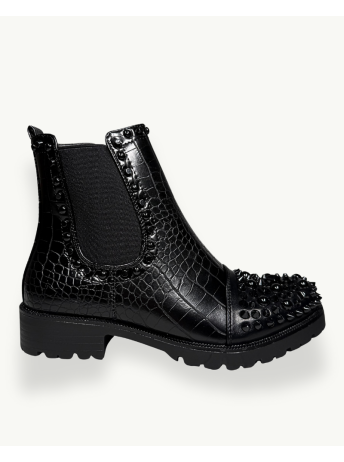 Black Crocodile-Effect Studded Ankle Boot | EMM Shops
