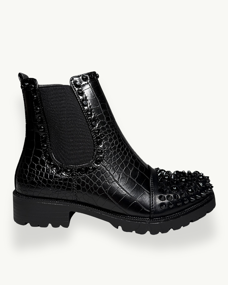 Black Crocodile-Effect Studded Ankle Boot | EMM Shops
