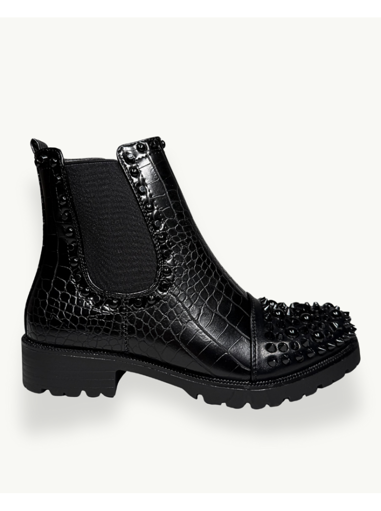 Black Crocodile-Effect Studded Ankle Boot | EMM Shops