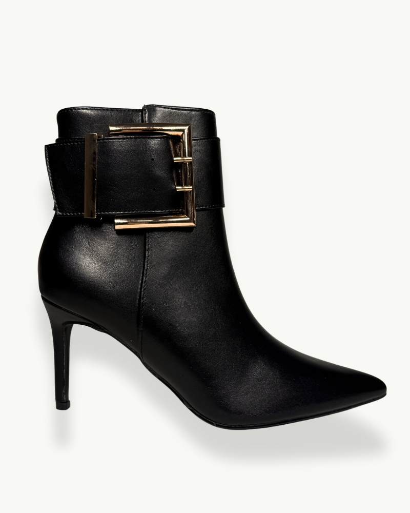 Black Stiletto Ankle Boot with Golden Buckle | EMM Shops
