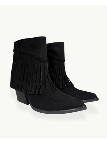 Black Suede Fringe Ankle Boot with Block Heel | EMM Shops