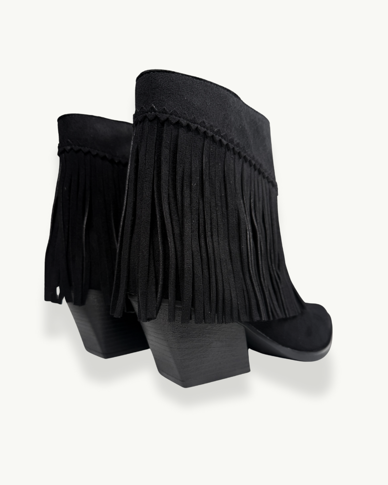 Black Suede Fringe Ankle Boot with Block Heel | EMM Shops