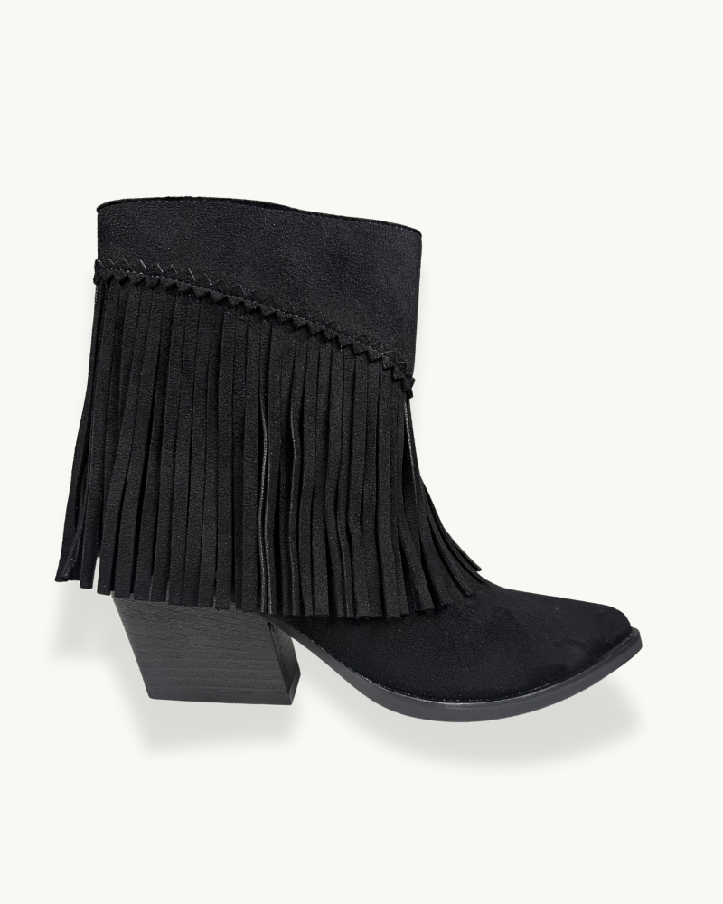 Botín de Gamuza Negra con Flecos y Tacón Ancho | EMM Shops