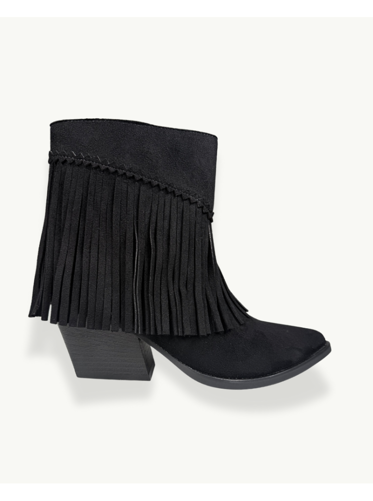 Black Suede Fringe Ankle Boot with Block Heel | EMM Shops