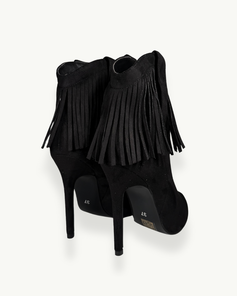 Black Suede Fringe Ankle Boot with Stiletto Heel | EMM Shops