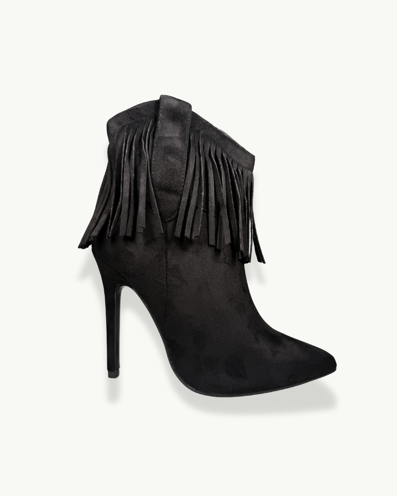 Black Suede Fringe Ankle Boot with Stiletto Heel | EMM Shops