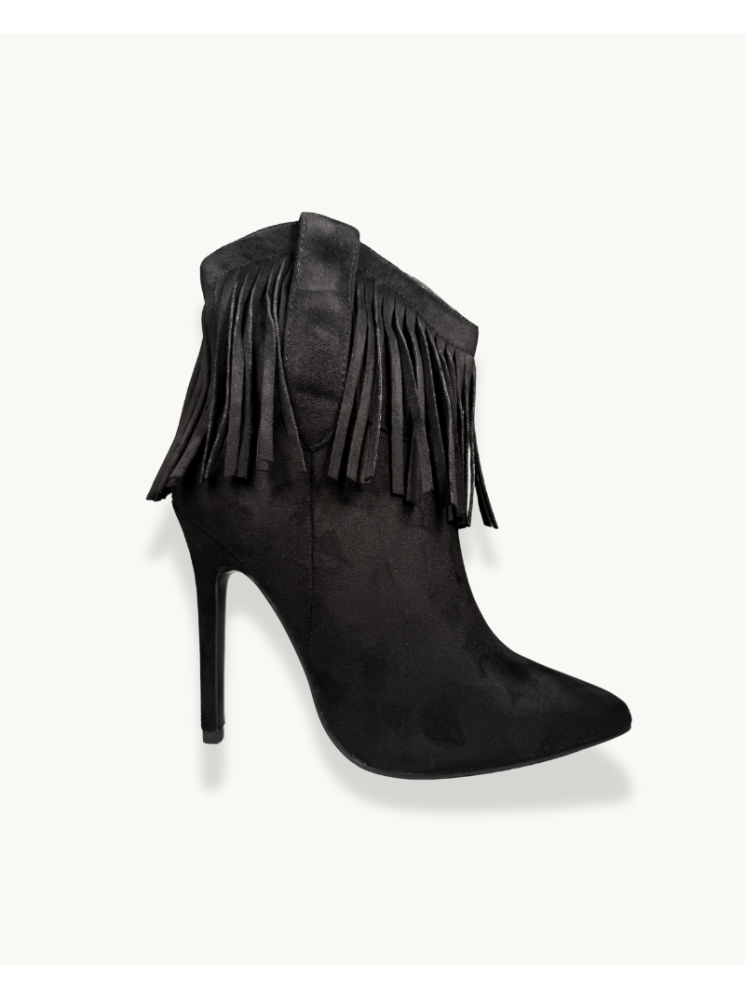 Black Suede Fringe Ankle Boot with Stiletto Heel | EMM Shops