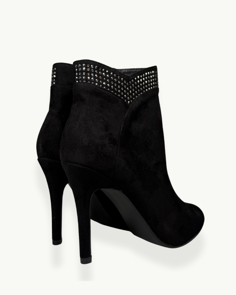 Botín de Gamuza Negra con Tacón Fino y Detalle de Strass | EMM Shop