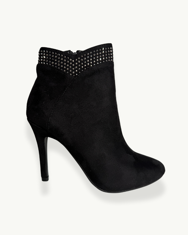 Botín de Gamuza Negra con Tacón Fino y Detalle de Strass | EMM Shop