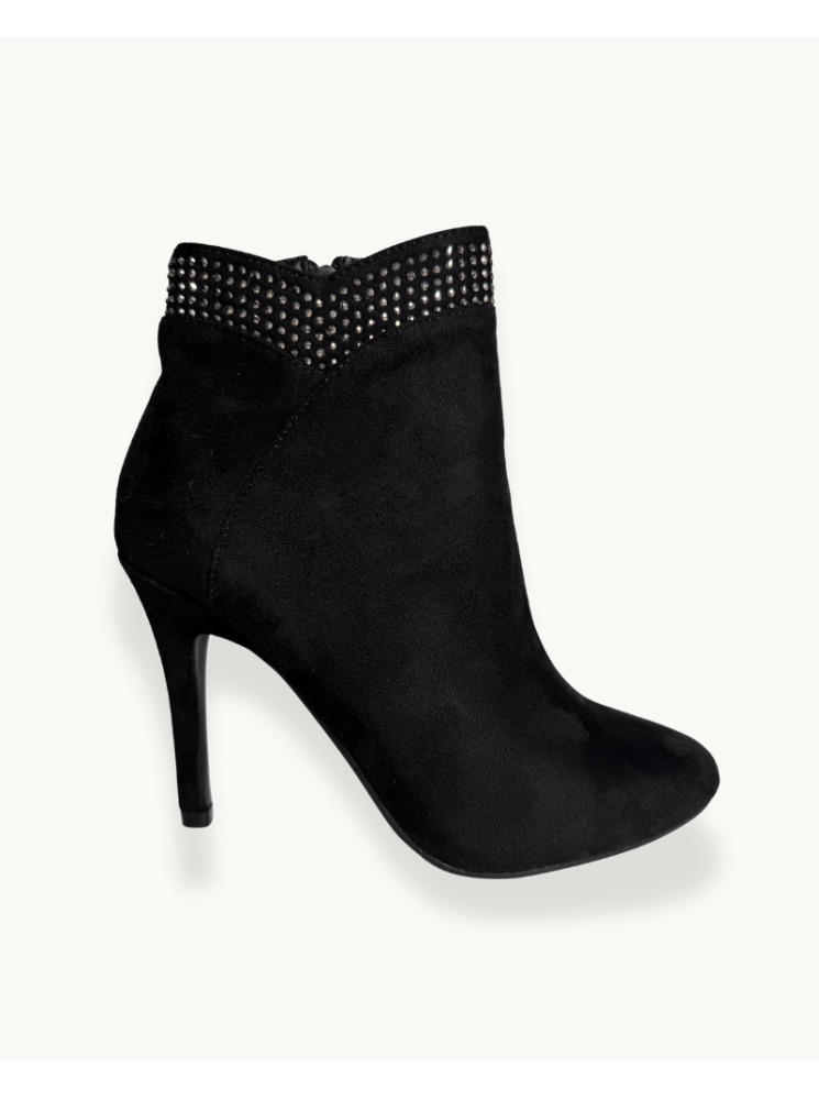 Botín de Gamuza Negra con Tacón Fino y Detalle de Strass | EMM Shop