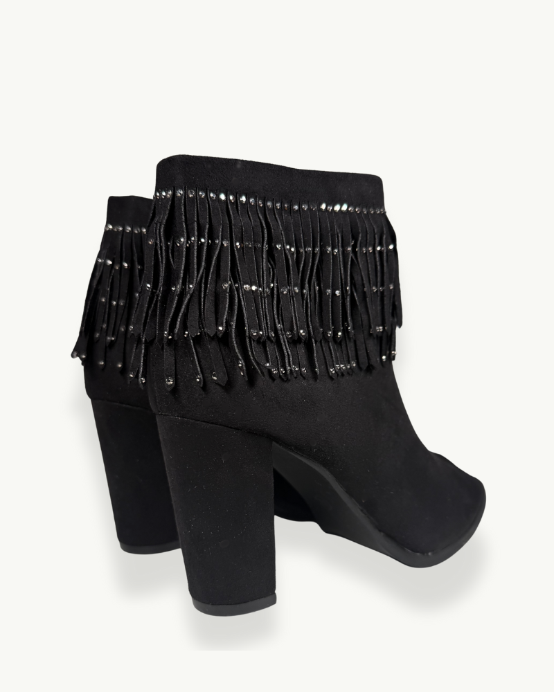 Botín de Gamuza Negra con Flecos y Apliques Brillantes | EMM Shops