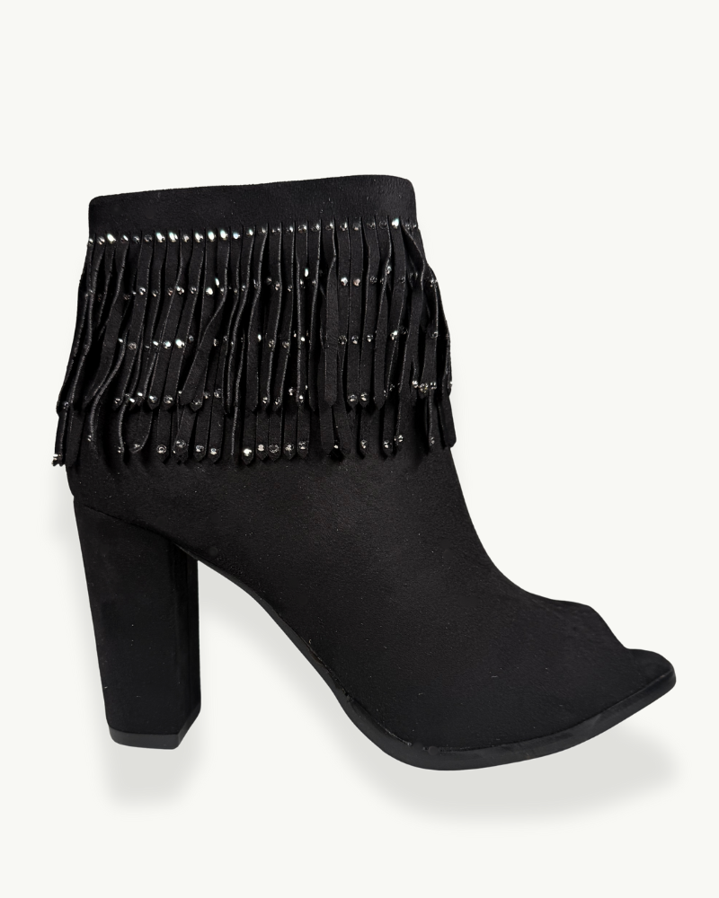 Botín de Gamuza Negra con Flecos y Apliques Brillantes | EMM Shops