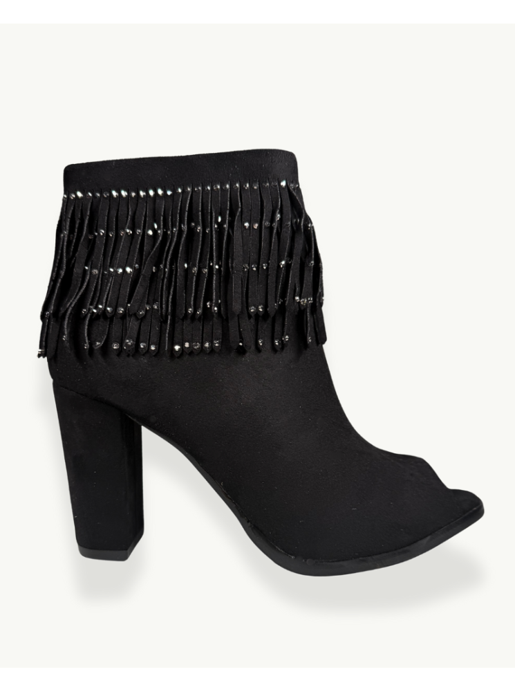Botín de Gamuza Negra con Flecos y Apliques Brillantes | EMM Shops