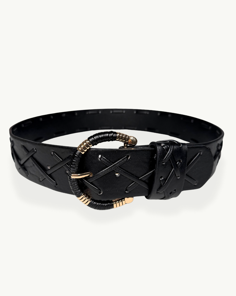 Cinturón Negro Sintético con Hebilla Dorada Decorativa | EMM Shops