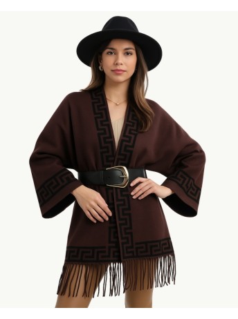 Brown Poncho with Greek Pattern and Fringes | Boho-Chic Style | EMM Sh