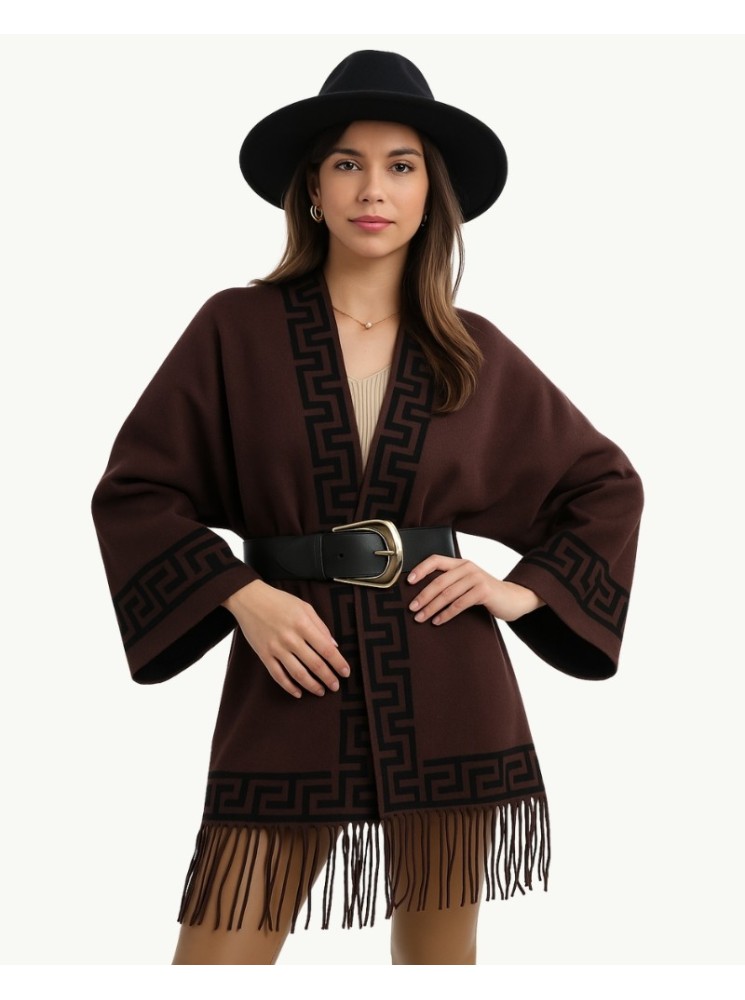 Brown Poncho with Greek Pattern and Fringes | Boho-Chic Style | EMM Sh