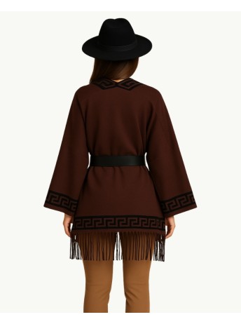 Brown Poncho with Greek Pattern and Fringes | Boho-Chic Style | EMM Sh