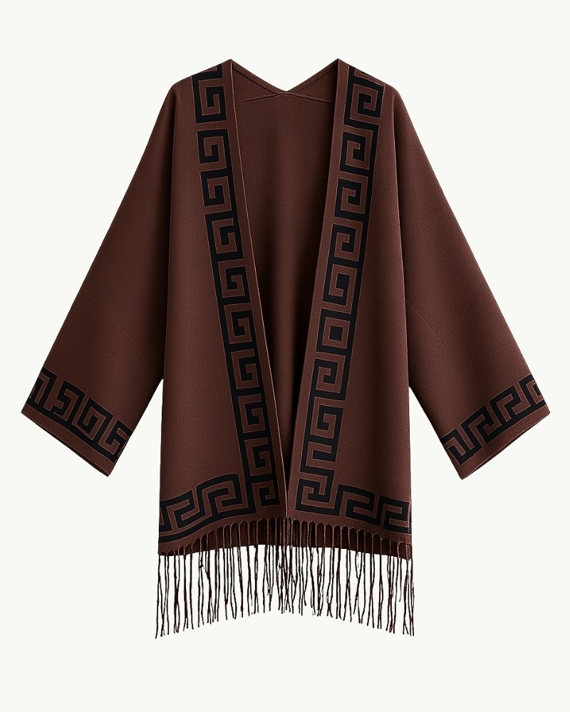 Poncho marrón con diseño griego y flecos | Estilo boho-chic | EMM Shop