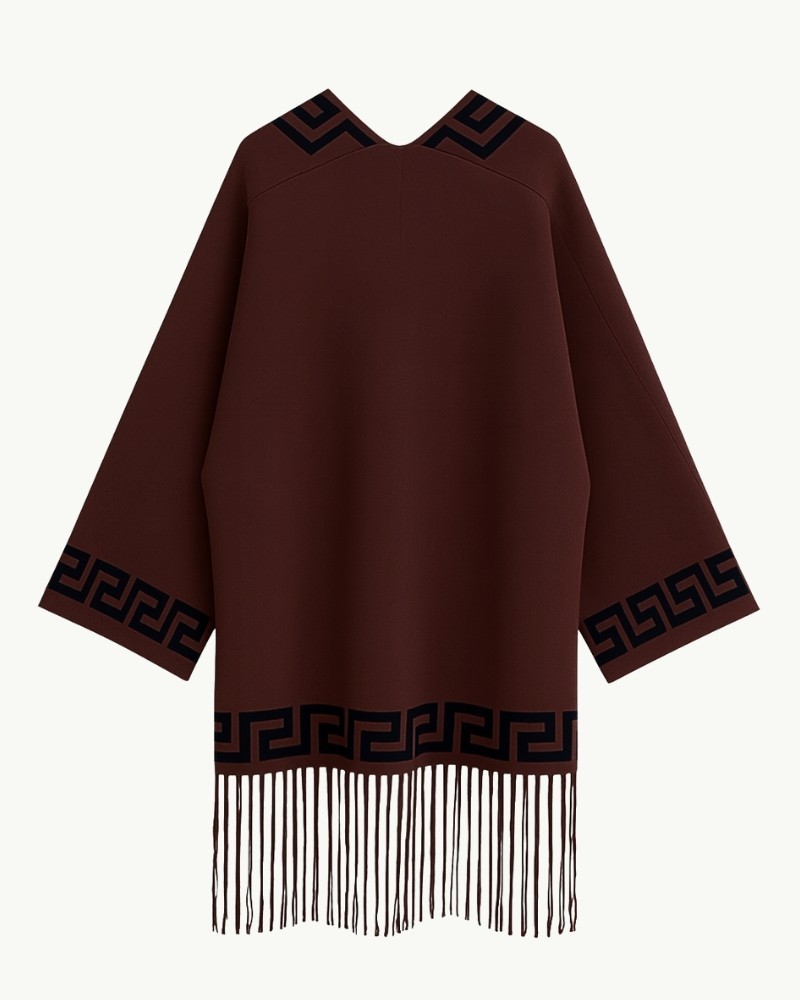 Brown Poncho with Greek Pattern and Fringes | Boho-Chic Style | EMM Sh